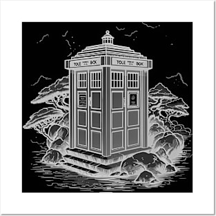 Black and white illustration of tardis in japan Posters and Art